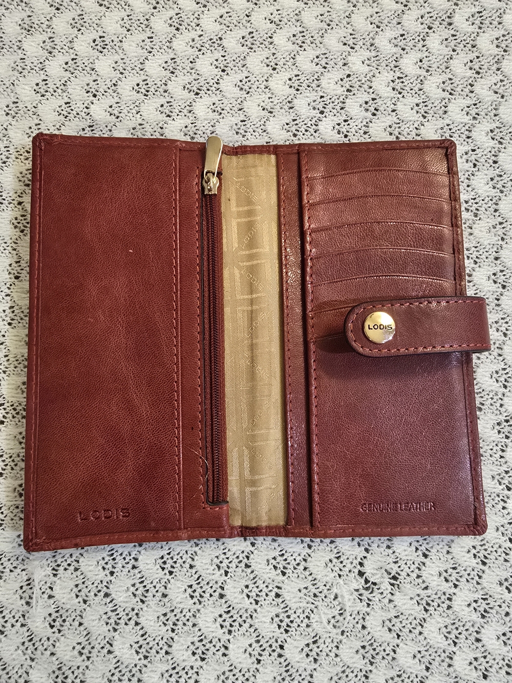 Lodis Burgundy Leather Snap Wallet with Zip Pocket